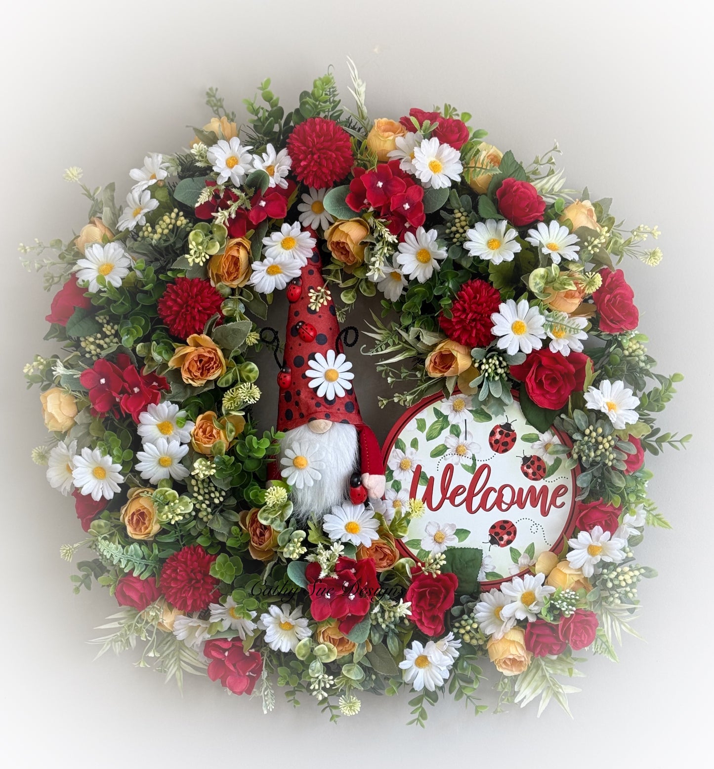 Ladybug Gnome Floral Wreath