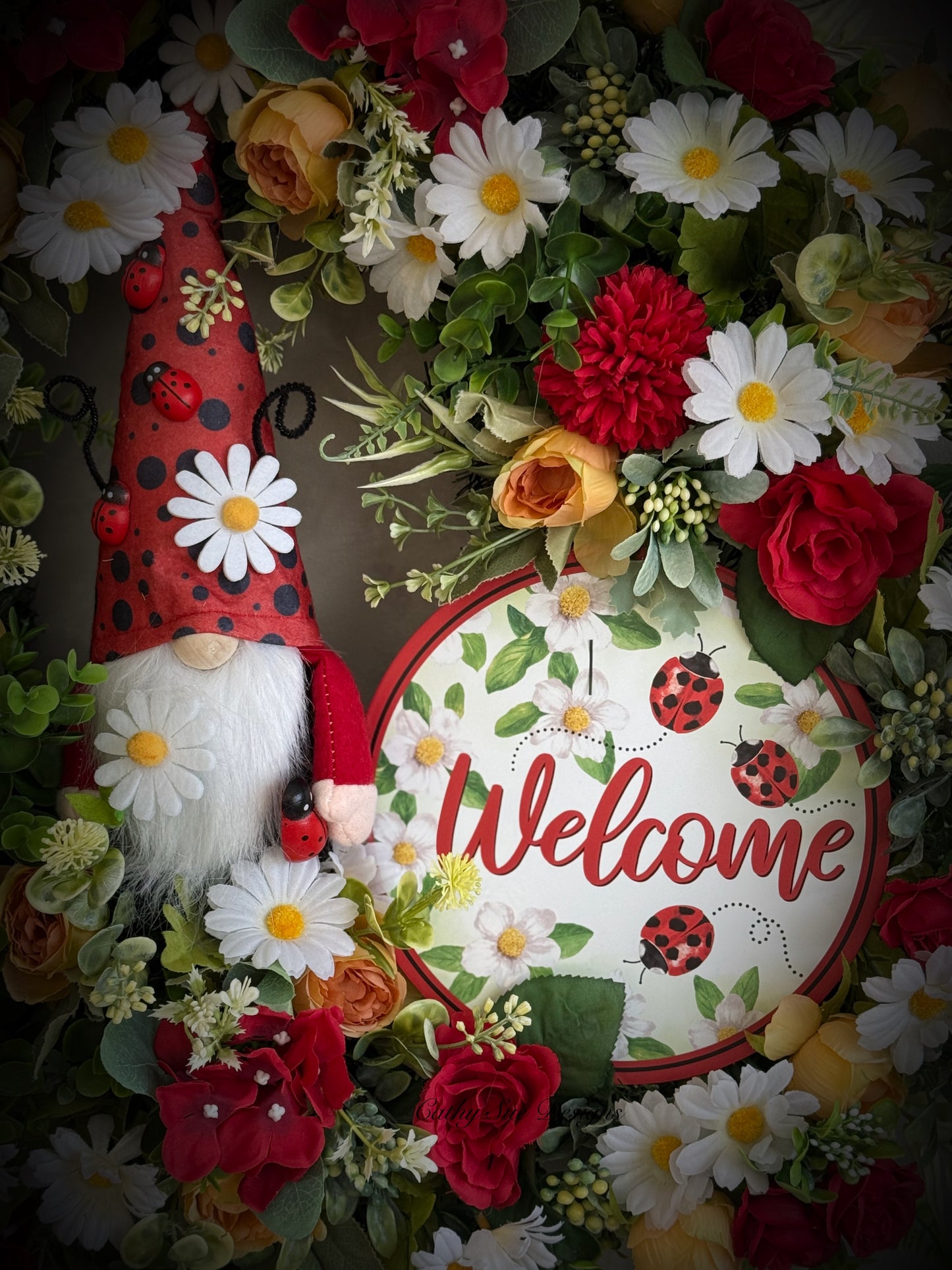 Ladybug Gnome Floral Wreath
