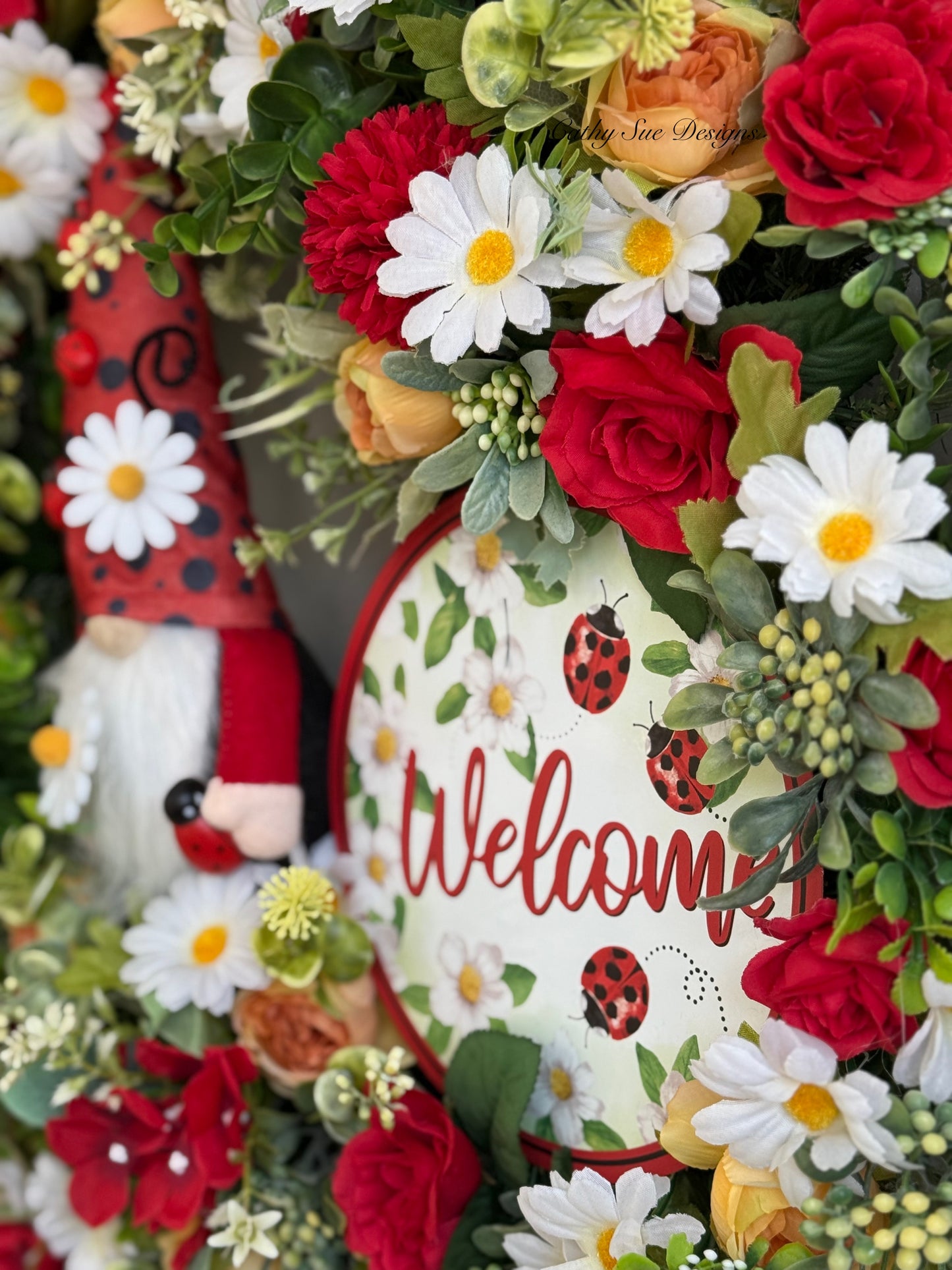 Ladybug Gnome Floral Wreath