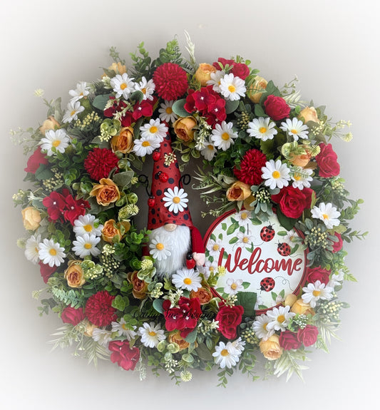 Ladybug Gnome Floral Wreath
