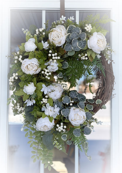 Neutral Peony Floral Grapevine Wreath